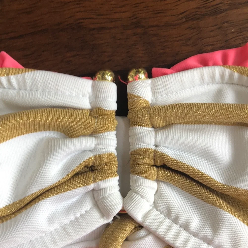 Xhilaration Women's Junior's Gold White Striped Bikini Swimsuit Set Pink Size M